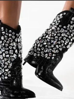 Black Crystal-Embellished Mid-Calf Heeled Boots NWOT